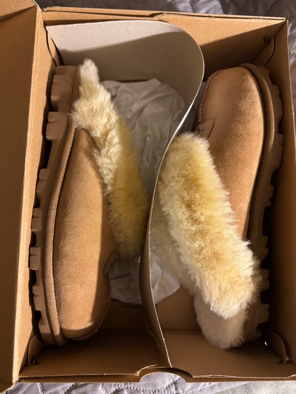 UGG Chestnut Suede Shearling Slippers with Cream Fur Collar - Picture 2 of 7